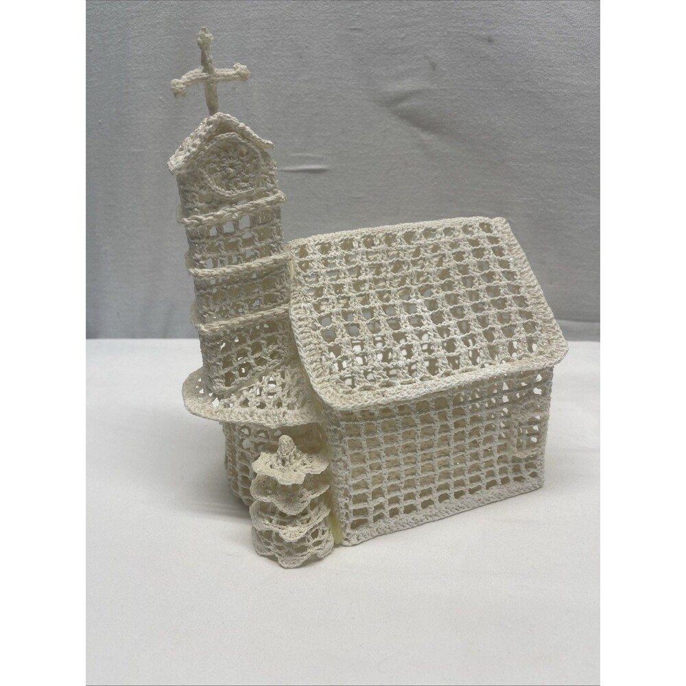 Vintage Handmade Glittery Hand Crocheted Standing Church Pine Tree Christmas